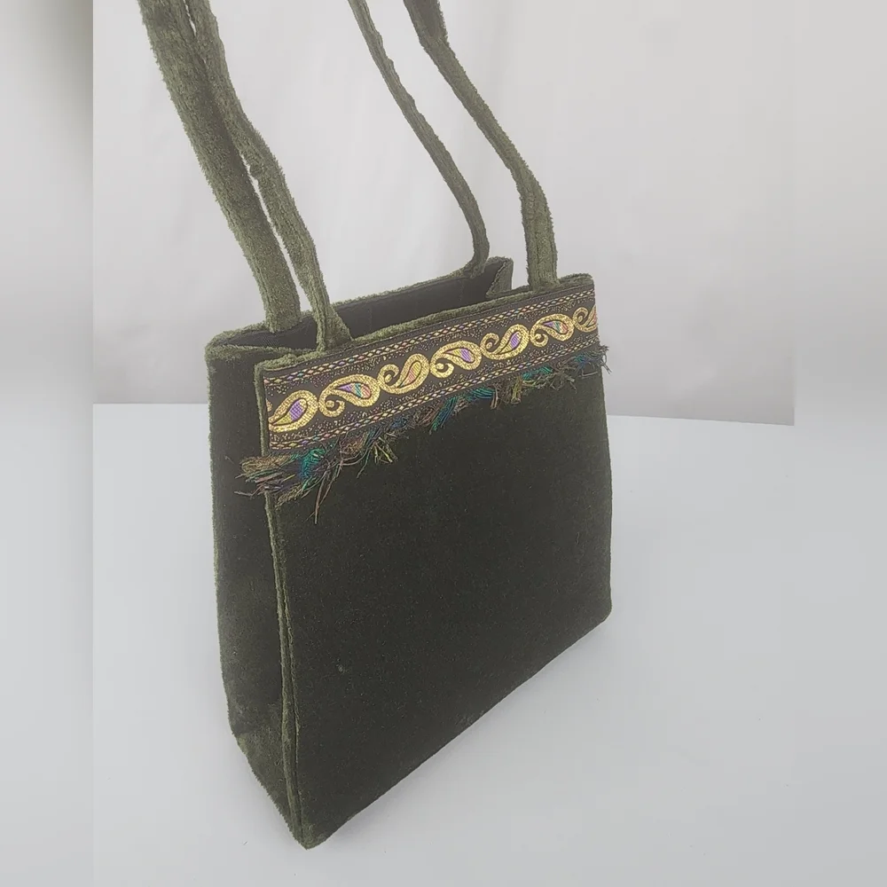 Vintage 60s Emerald Velvet Mini Bag Paisley Fringe Trim Jewel Tone Trapeze Purse - Picture 6 of 15